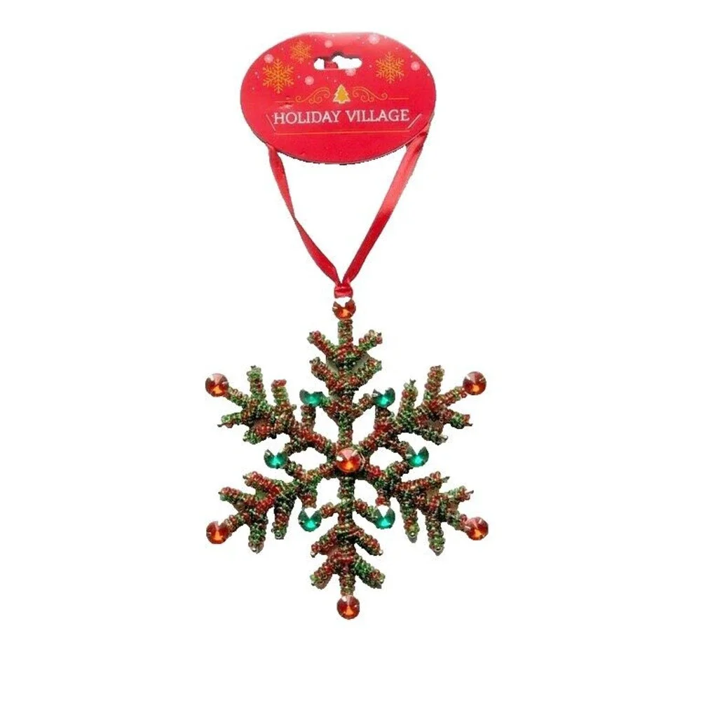 Christmas Tree Snowflake Ornament Red Green Beaded Jewels Ribbon Hanger 5.5